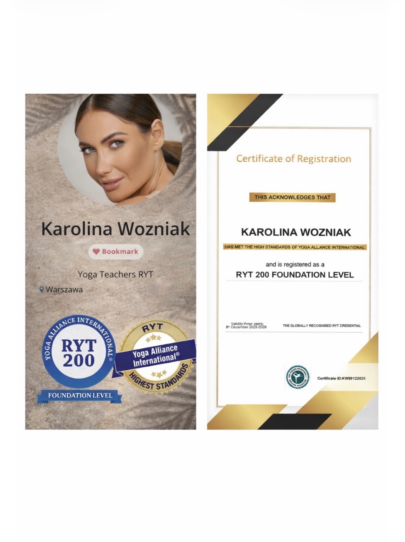Certyfikat RYT 200 Yoga Alliance International — Karolina Woźniak